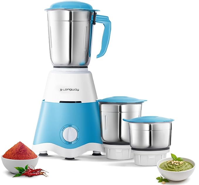 Longway Supreme Dlx Juicer Mixer Grinder | 500 Watt Powerful Motor | 3 Jars for Grinding, Mixing, Juicing | 2 Year Warranty | White & Blue