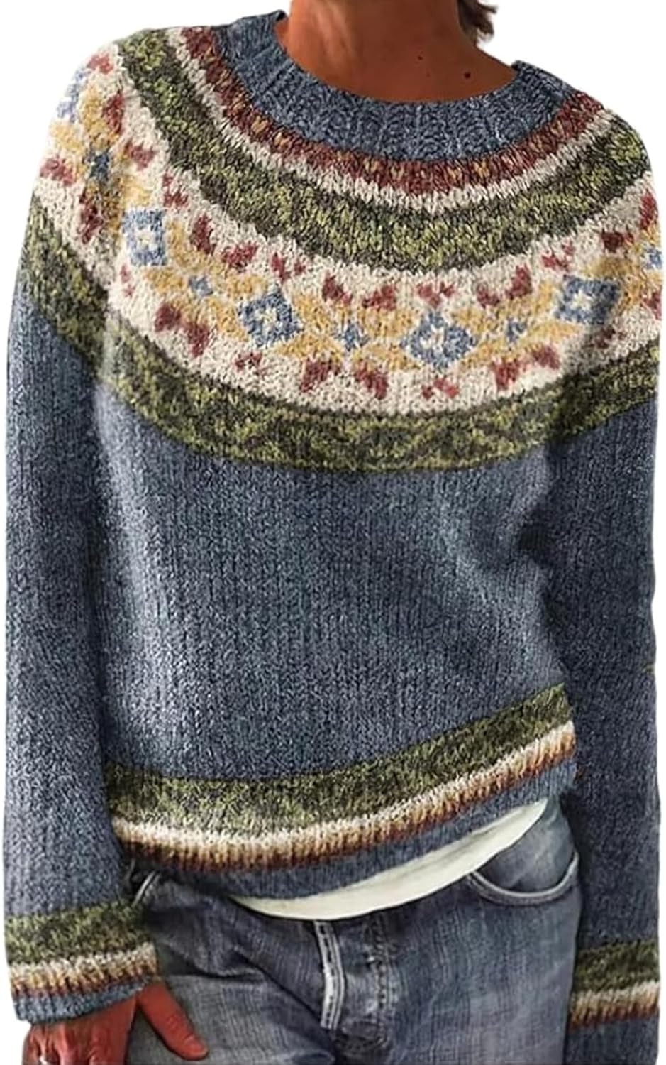 Fair Isle Sweater for Womens Winter Long Sleeve Vintage Knitted Sweater Casual Fall...