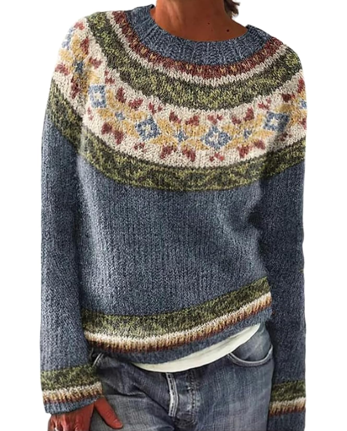 Fair Isle Sweater for Womens Winter Long Sleeve Vintage Knitted Sweater Casual Fall Crew Neck Pullover Sweaters