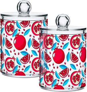 DOMIKING Seeds Pomegranate Leaves White 2 Pack Cotton Swab Holder Dispenser Plastic Jar Bathroom Storage Canister Acrylic Containers for Cotton Ball Floss Makeup Sponges