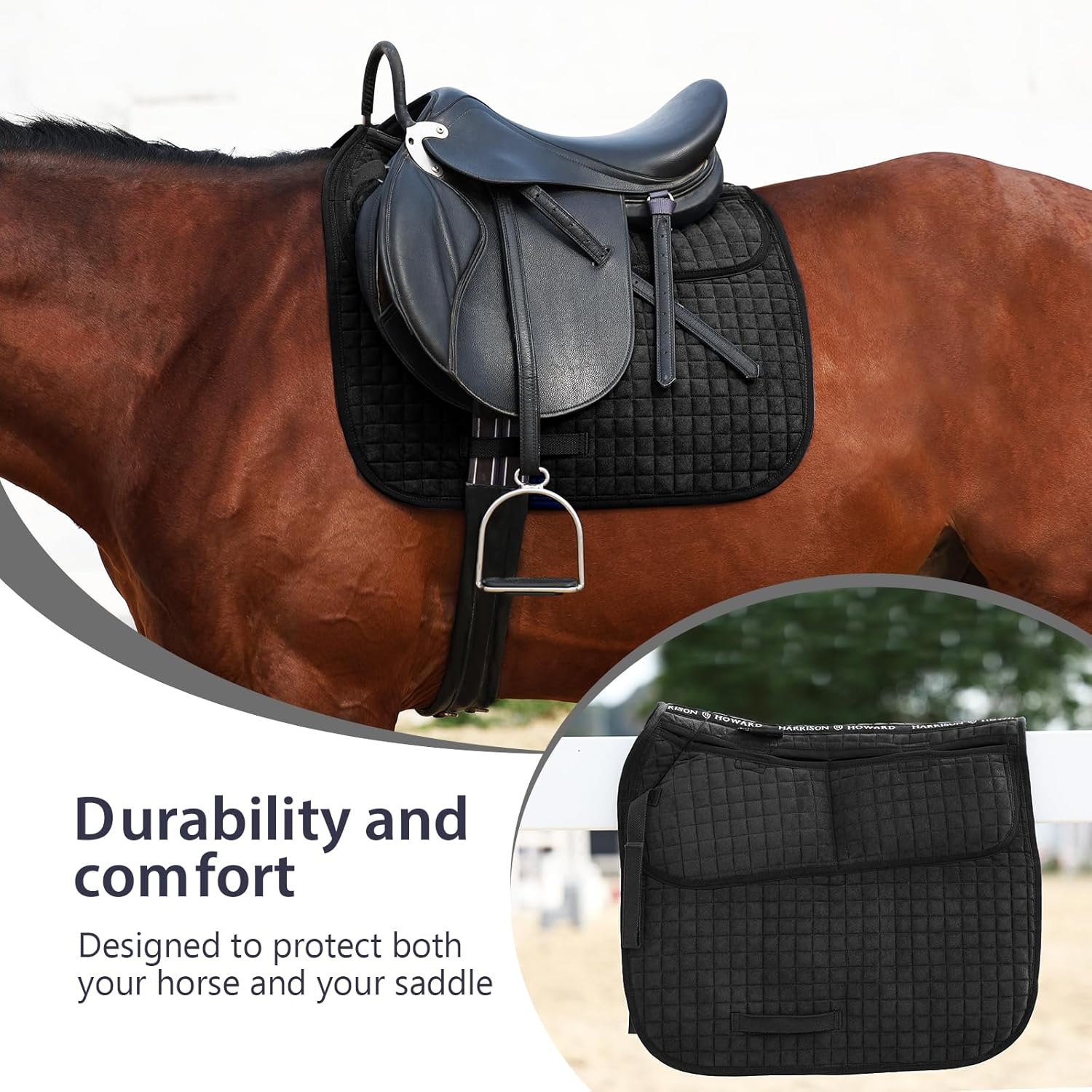 Harrison Howard Diamond Quilted Dressage Saddle Pad Adjustable with 4 Pockets and Foam Inserts with Differentiated Thickness Horse Riding Pad with Added Cushioning and Comfort