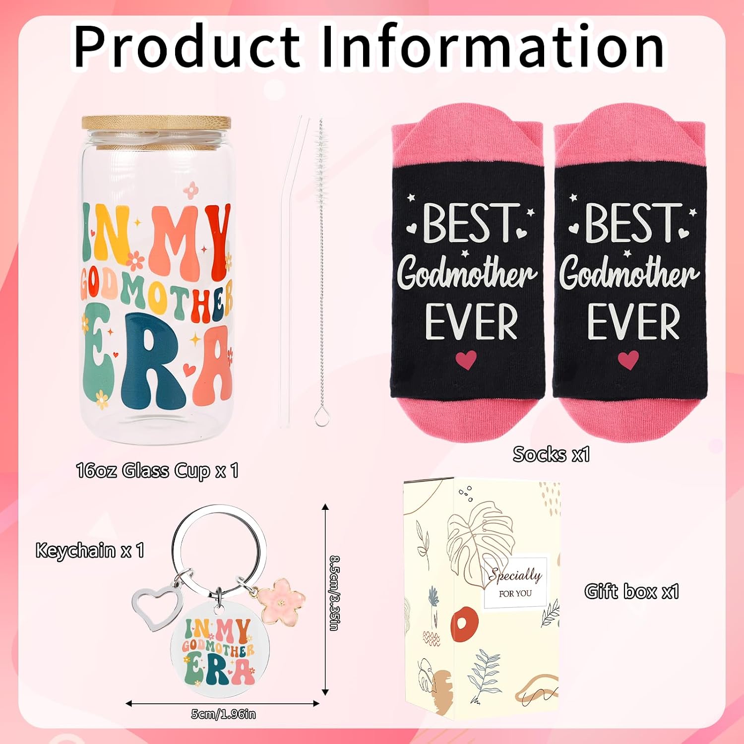 Godmother Gifts Set for Women - 3 Pcs Godmom Proposal Gift from Godchild with 16oz Glass Cup Sock and Keychain, in My Godmother Era Gifts for Christmas Thanksgiving Mothers Day Birthday