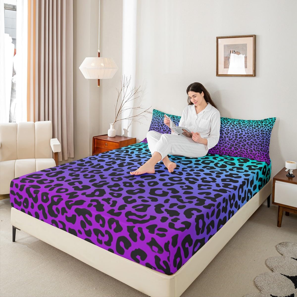 Leopard Print Fitted Sheet Full Size,Wild Animals Cheetah Skin Texture Bedding Set,Kids Girls Beauty Woman Room Decor,Blue Purple Gradient Bed Cover,Romantic Chic Bed Sheet,2 Pillowcases