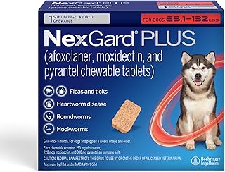 NexGard Plus (afoxolaner, moxidectin, and pyrantel) Flea and Tick Protection & Heartworm Preventive for Dogs Soft Beef Flavored Chewables, 66.1-132 lbs. (Red) 1 Chew (1 Month Supply)