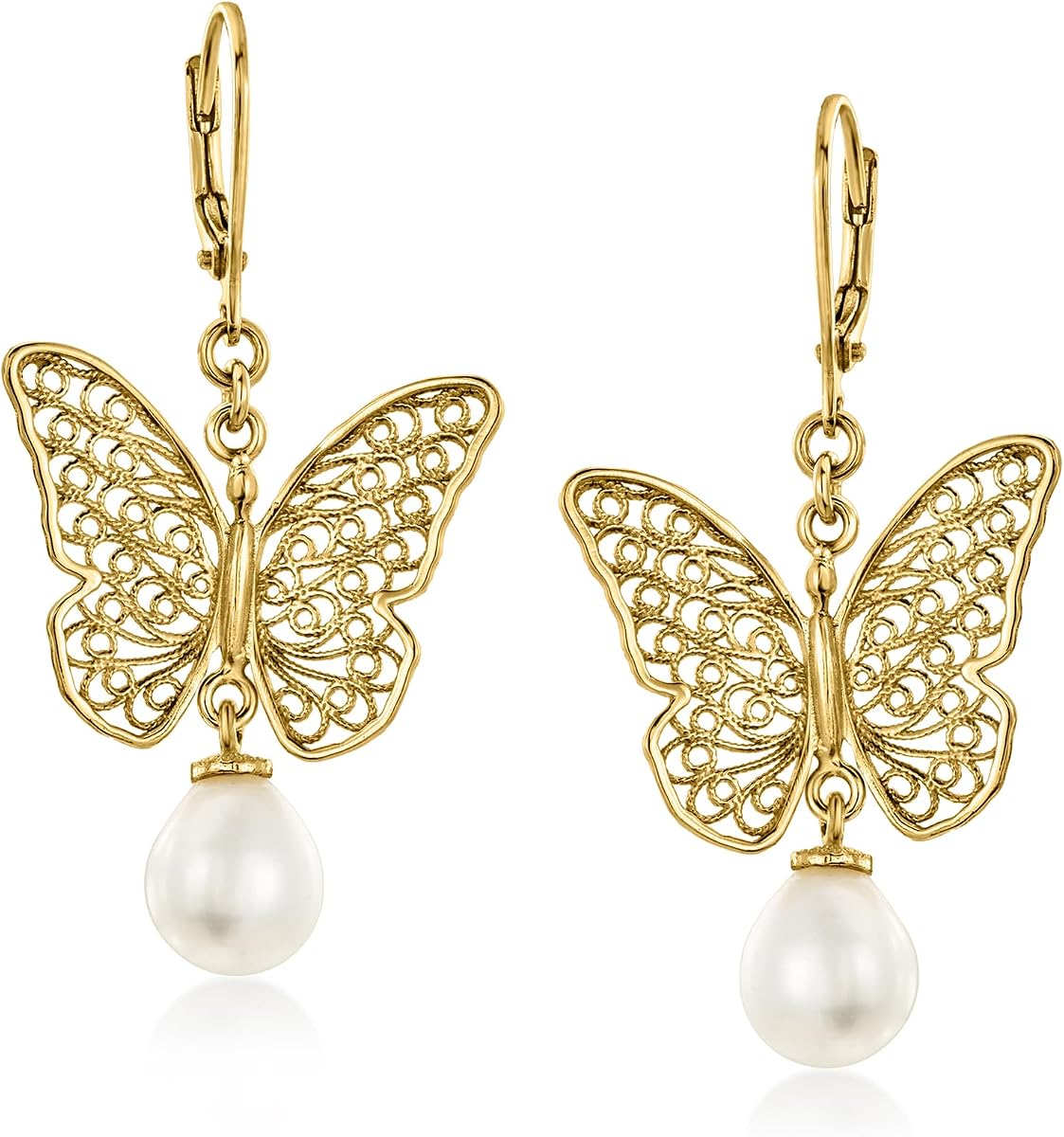 Pendientes colgantes de mariposa de filigrana chapados en oro amarillo de 14 quilates de Ross-Simons con perlas cultivadas de 8 a 8,5 mm