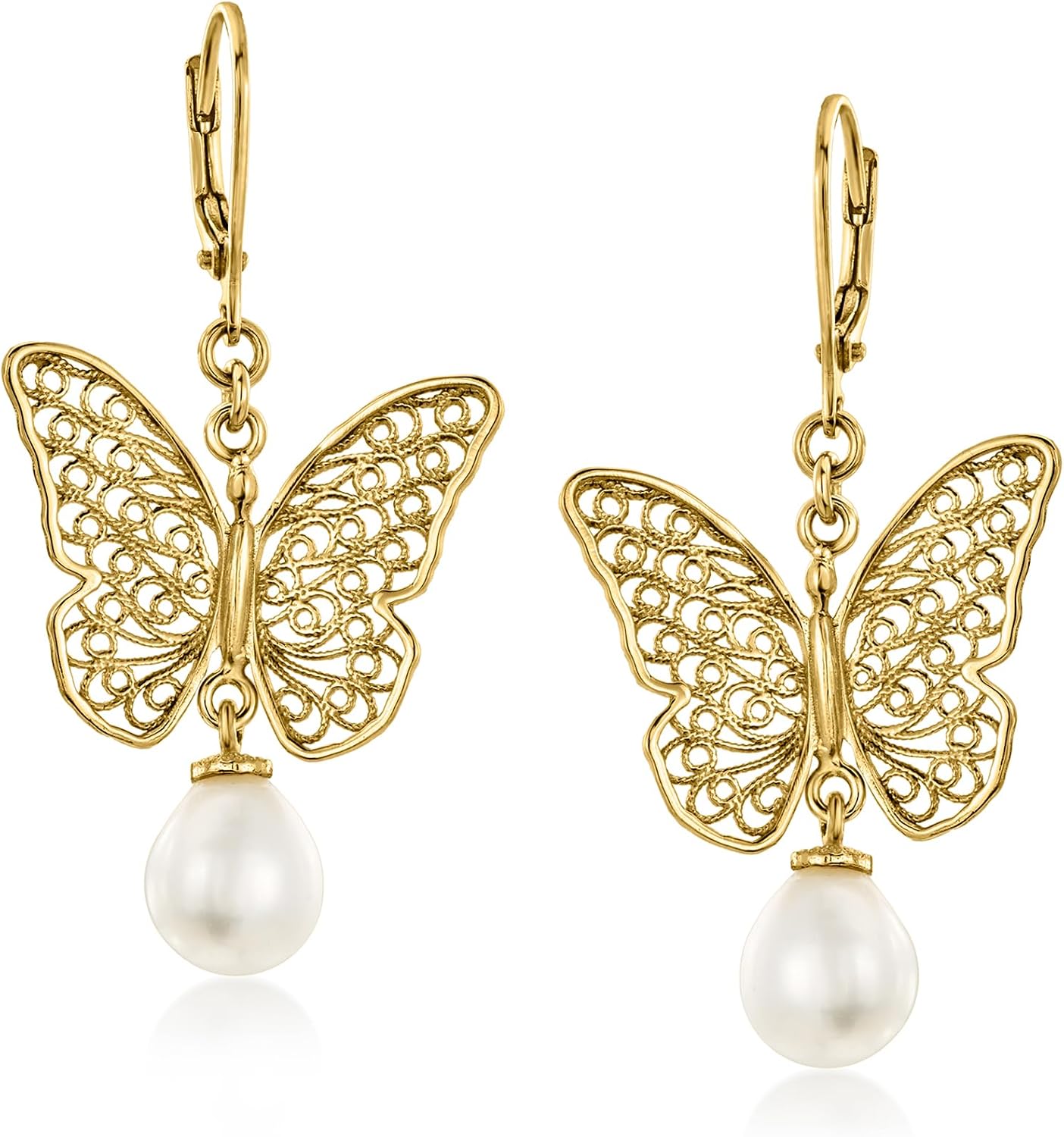Ross-Simons 14kt Yellow Gold-Plated Filigree Butterfly Drop Earrings With 8-8.5mm Cultured Pearls
