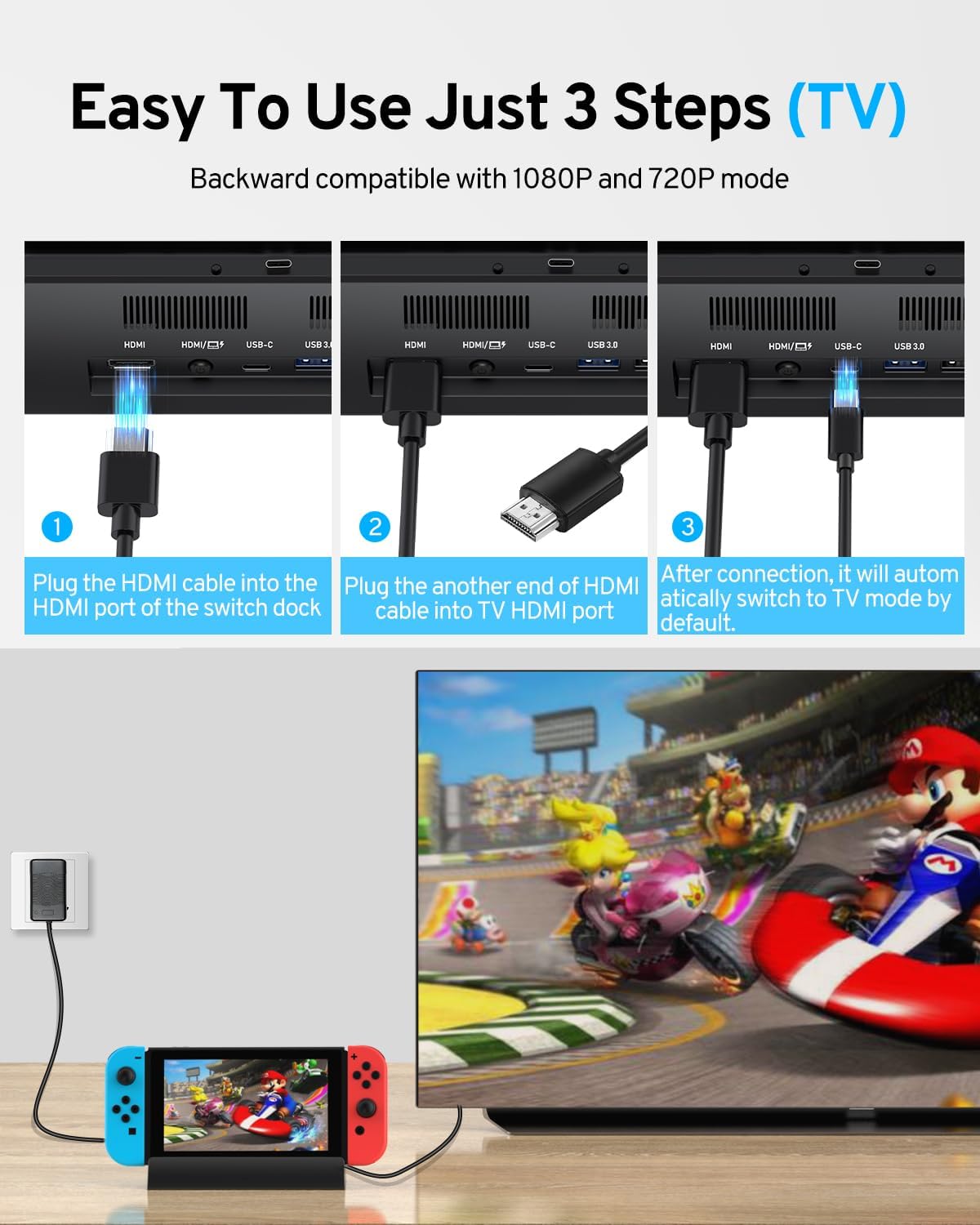 TV Docking Station for Switch and Switch OLED, Dock Station with 4K 1080P HDMI and USB 3.0 Port, Replacement for Official Switch Dock (Black) - Image 7