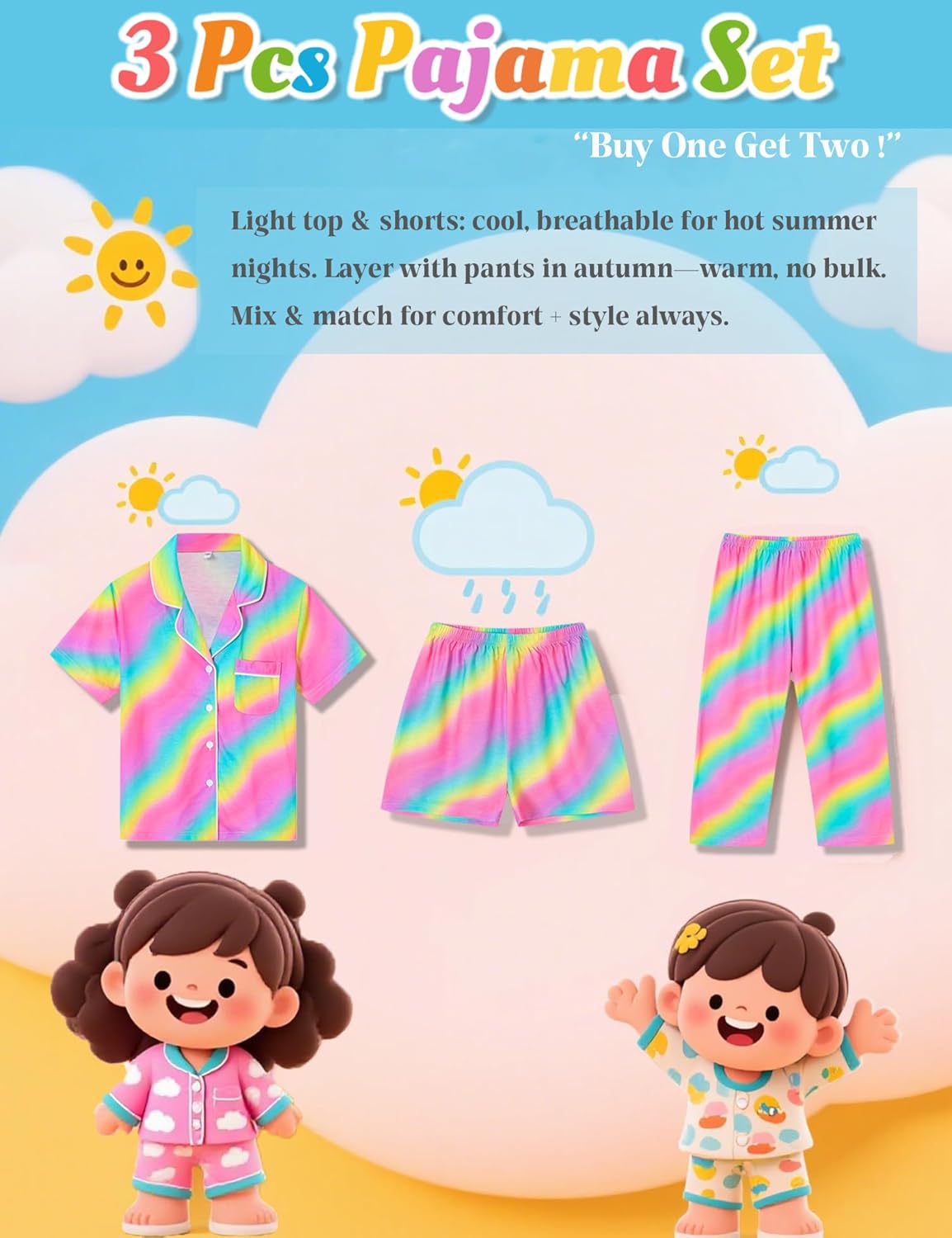 SWOMOG Kids Pajamas Sets 3PCS Short Sleeve Long Pants with Shorts Girls Boys Button Down PJS Cute Loungewear for 4T-15Years, - Image 6