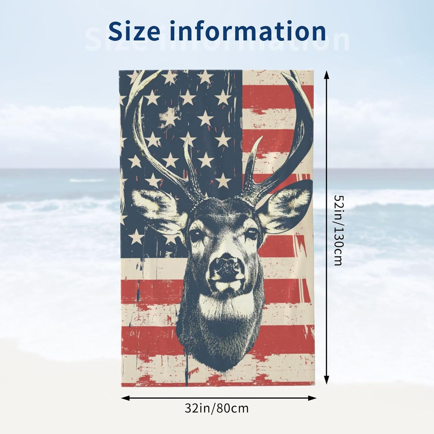 American Flag Deer Theme Microfiber Beach Towel, 52x32 Inches, Absorbent, Quick-Dry, Lightweight, Portable, Adult Size, Polyester, Machine Washable