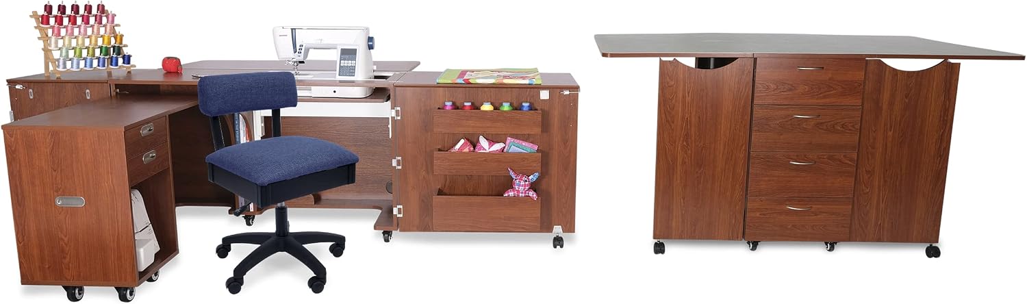 ARROW SEWING CABINETS Teak Kookaburra with Aussie, Mat and Notions Hydraulic Chair