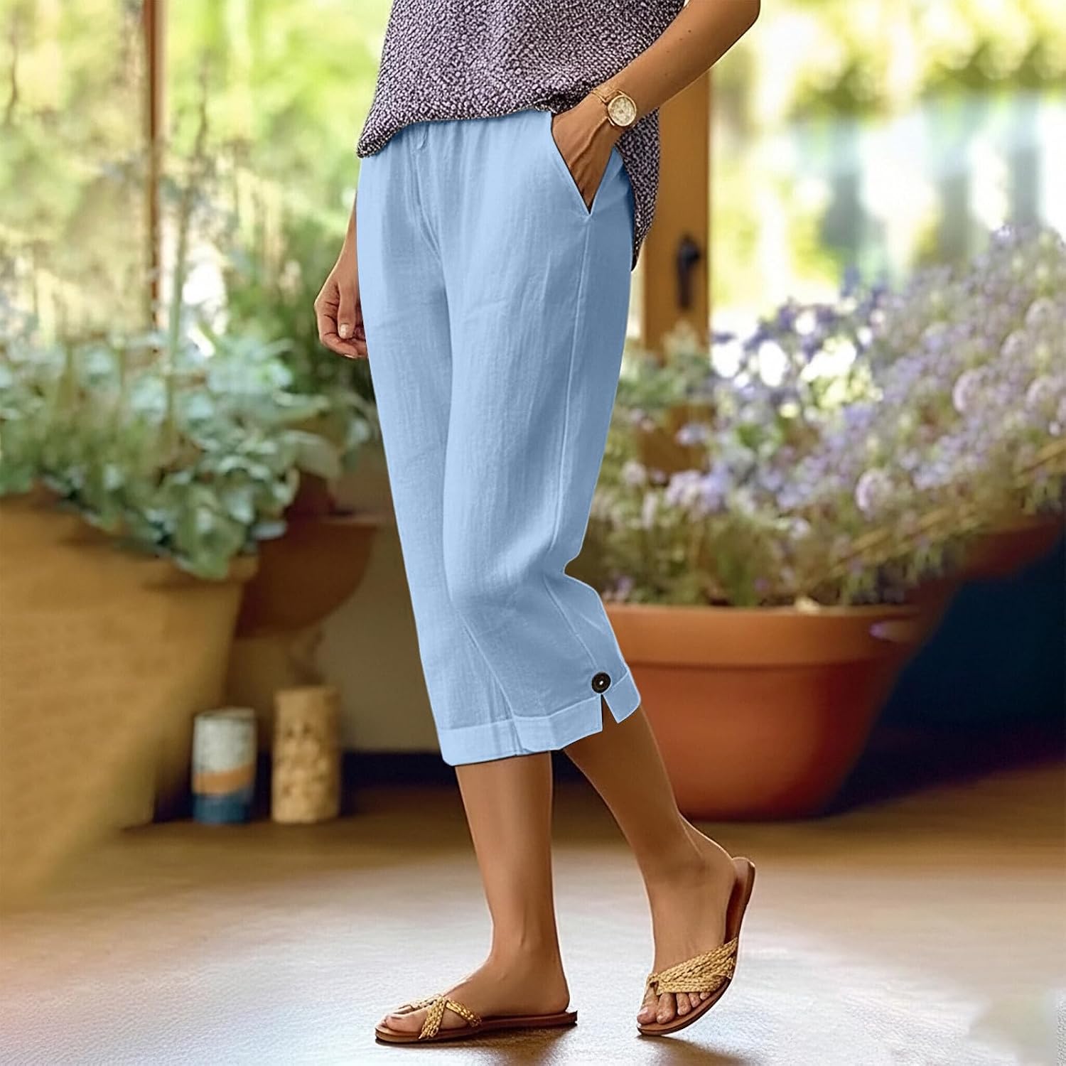 Straight Leg Capri Pants Womens Casual Summer Cotton Stretch Waist Pant Loose Comfy Beach Capris Slacks with Pockets