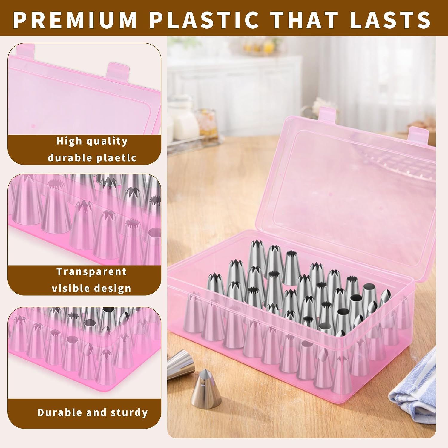 2 Pack Piping Tip Organizer Box 84 Pegs Upright Piping Tip Storage Holder Clear Plastic Cake Decorating Kit Storage Container Baking Supplies Organizer for Bakers (Pink)