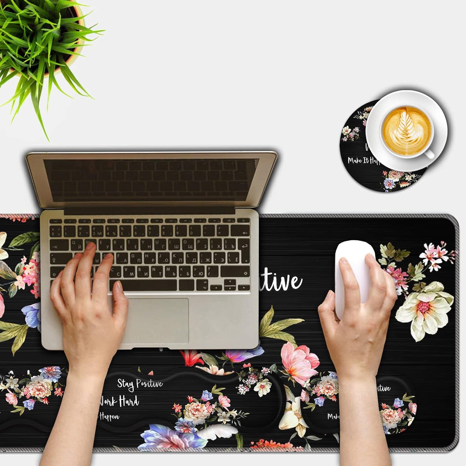 Mouse Pad Set,(31.5×11.8 in)Desk Pad + Keyboard Wrist Rest Support + Mouse Wrist Rest + Coaster for office,home,computer,laptop,Stay Positive Work Hard and Make It Happen Inspirational Quotes