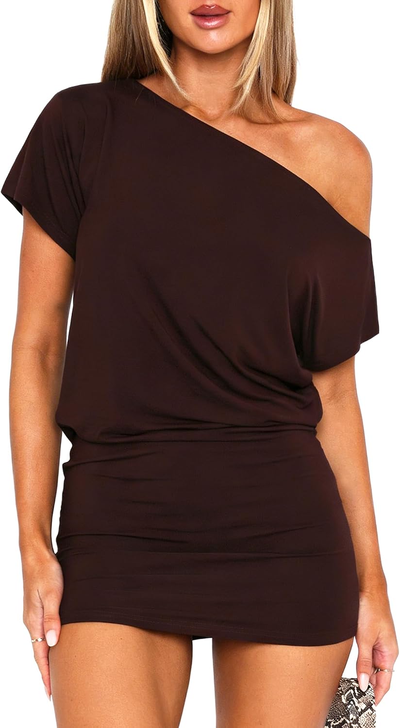 OZICERD Women Off The Shoulder Mini Dress Loose Short Sleeve Bodycon Hip Wrap Club Rave Going Out Dresses Casual
