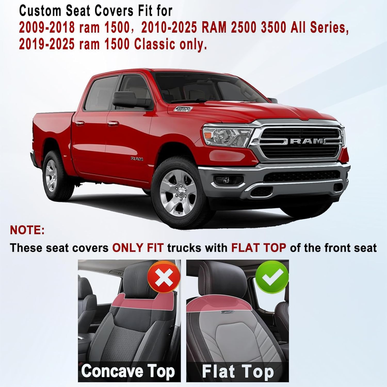 Huidasource Dodge Ram 1500 Front Seat Covers, Full Coverage Truck Seat Cover Fit for 2009-2018 ram 1500, 2010-2025 ram 2500/3500 Crew/Mega Cab, 2019-2025 ram 1500 Classic Only(Flat Front/Black&Red)