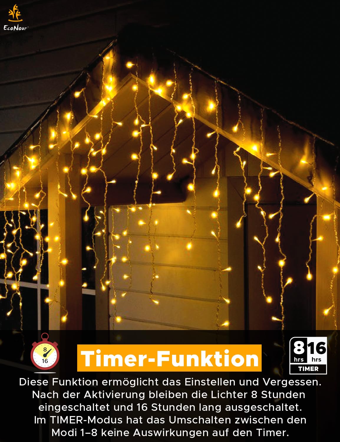 EcoNour Eiszapfen-Lichterkette für den Außenbereich, 2000 LEDs, 60 m, warmweiß, mit Timer für Weihnachten, Garten & Party | Netzbetriebenes, transparentes Kabel