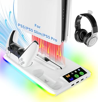 TicEaik Stand for PS5/Slim/Pro, PS5 Charger with 3USB & 1Type-C Ports, Vertical Cooling Fans and Dual Controller Charging Station, LED Light Stand for PS5/Slim/Pro Console