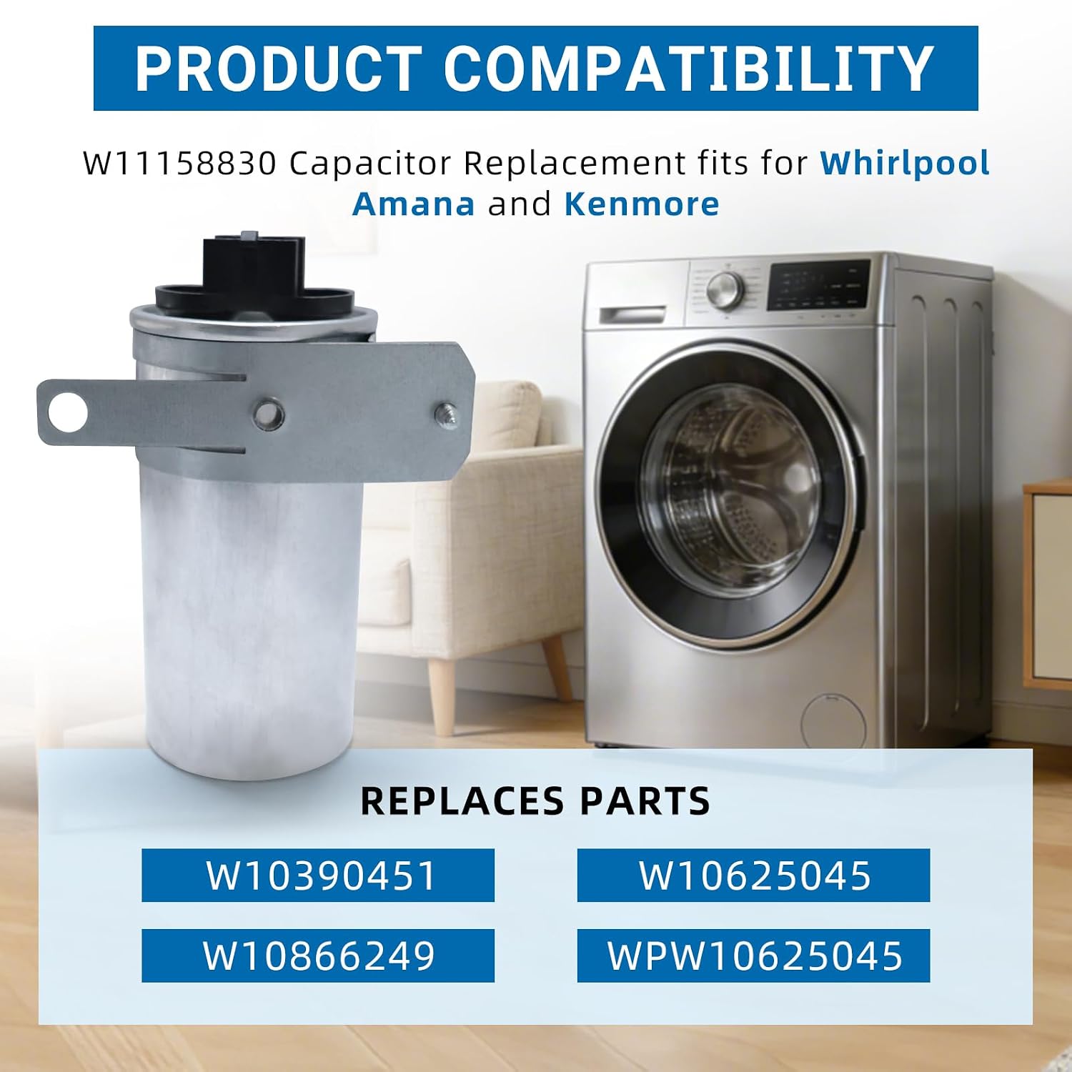 W11158830 Washer Capacitor 45uF 250VAC 50/60Hz 10000AFC Fits for Whirlpool Replace W10866238 W11175257 W11162561 WPW10625045 W10390451 W10625045 W10866249
