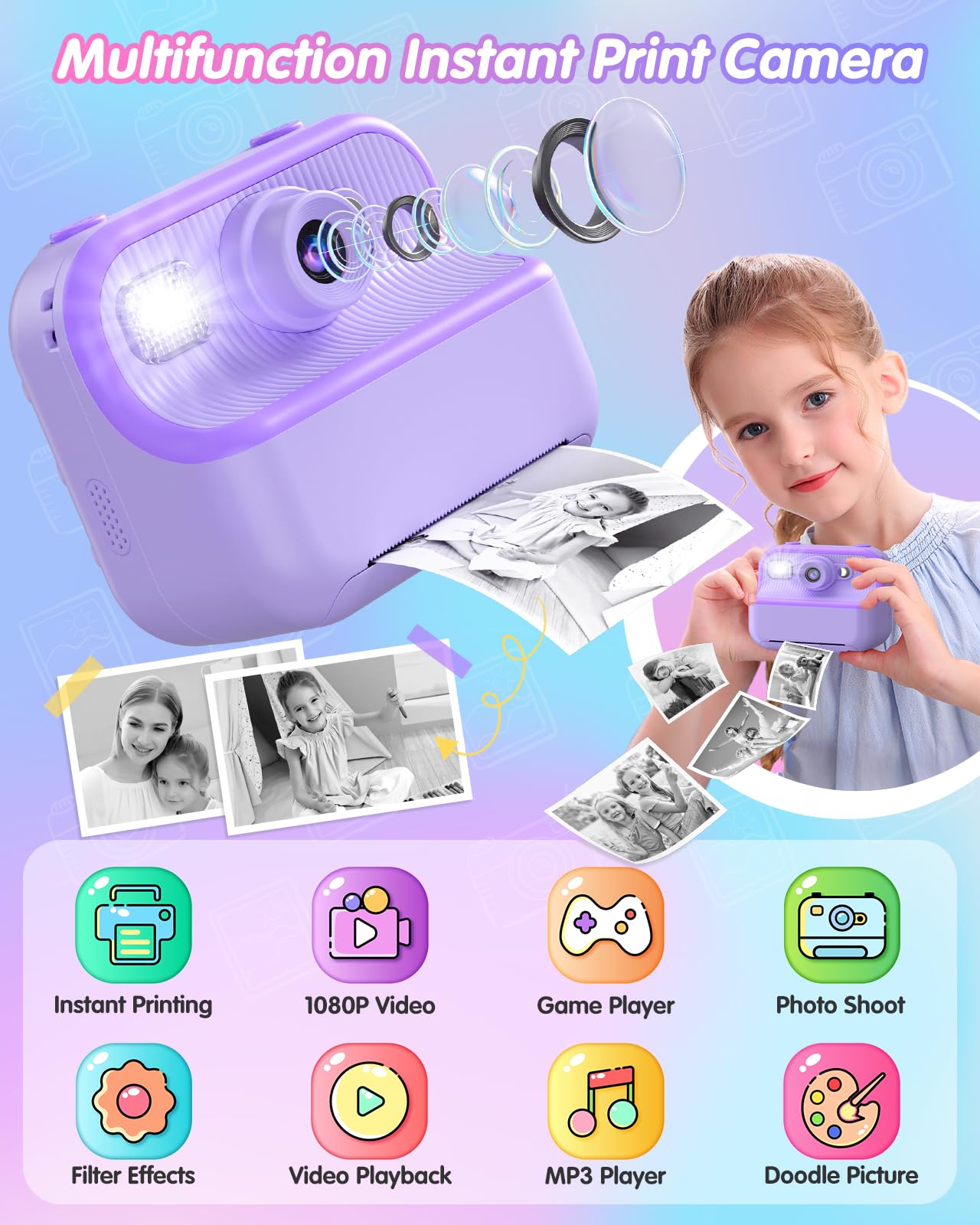 Children's Camera, 30MP 1080P 2.4 Inch Screen, Children's Print Black And White Photos, 32GB TF Card Digital Camera, 6-Colour Brush, Dual Cameras, Children's Gift (Pink - View #6