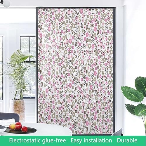 Miniatura 4 de Película opaca para ventana de privacidad con diseño de flores silvestres, hierbas, manzanilla, color rosa, tostado, color blanco, sin adhesivo,