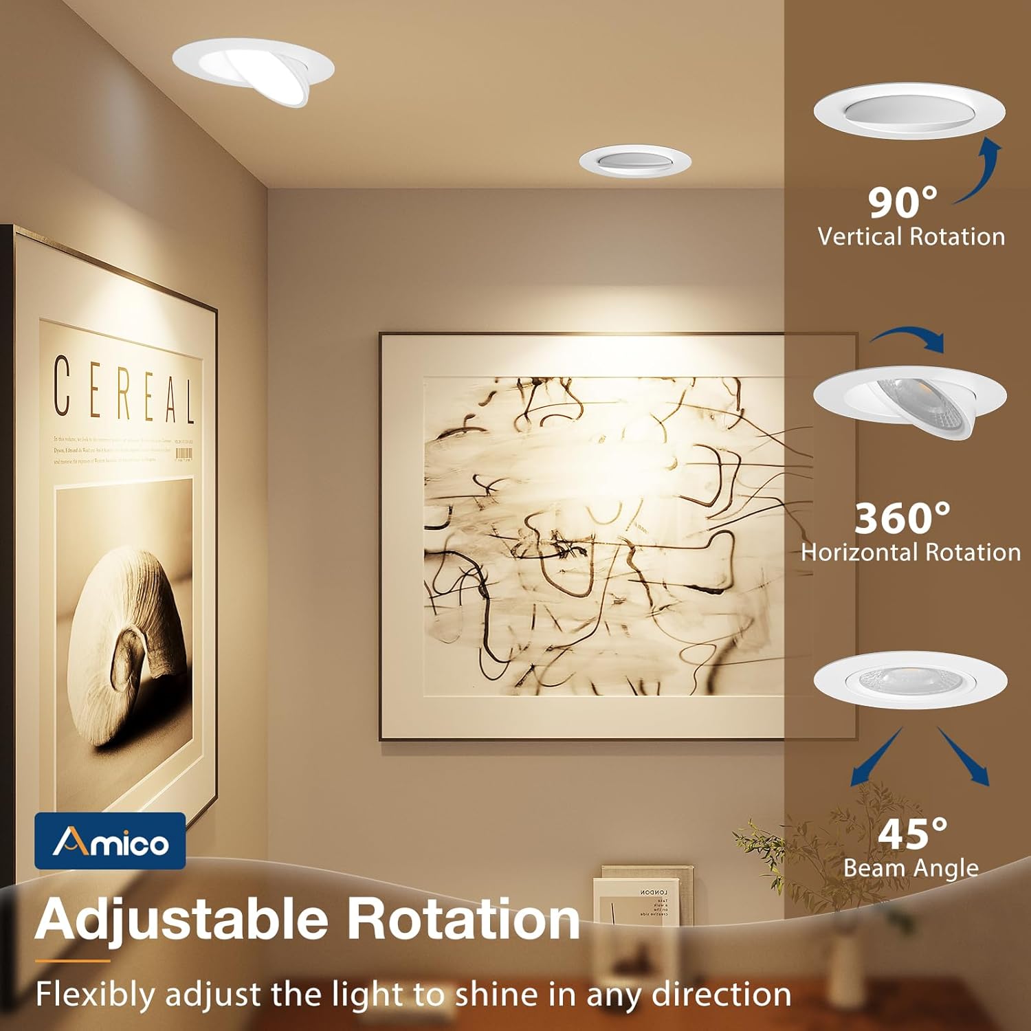 Amico 4 Pack 4 Inch 5CCT Gimbal LED Recessed Lighting, 360°&90° Adjustable Eyeball Directional Downlight, Dimmable, 2700K/3000K/3500K/4000K/5000K Selectable, CRI90+ 9W 700LM, ETL&FCC