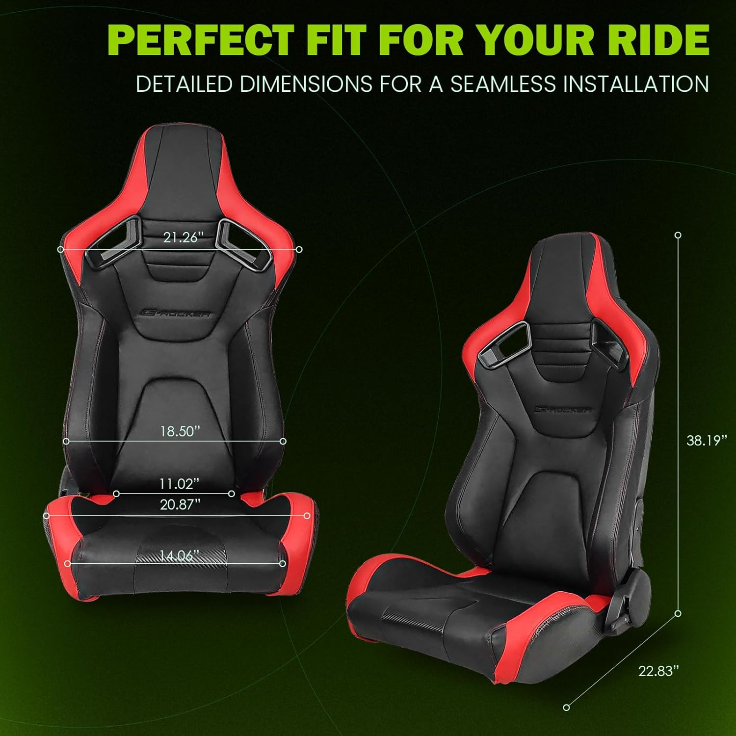 Universal Pairs of Racing Seat with Dual Sliders, PU Leather Front+Carbon Leather Back Reclinable Bucket Seat, Black+Red Stitch Red Stripe w/LOGO