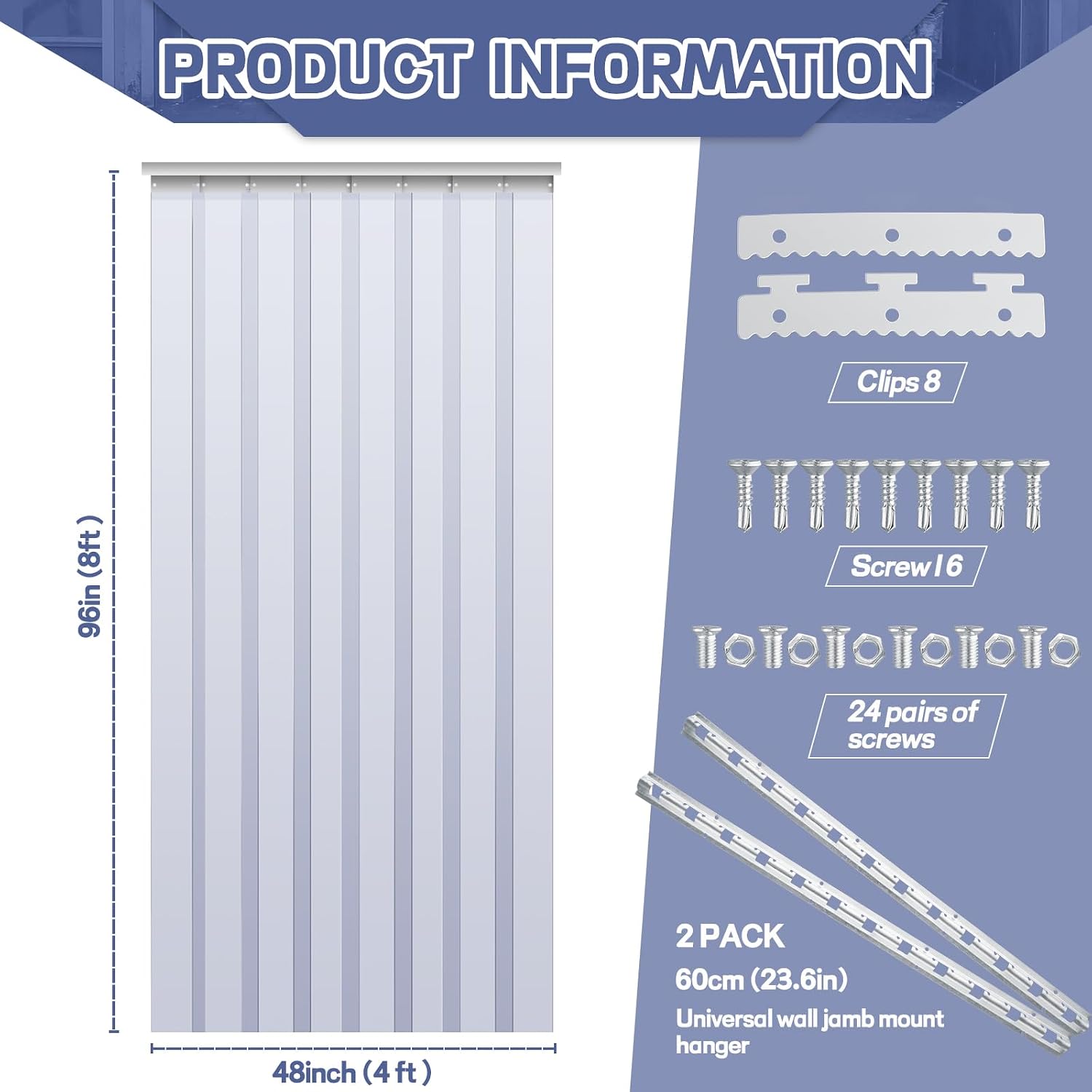 Juexica 48 x 96 Inch PVC Strip Door Curtain Kit, Heavy Duty Waterproof Clear Door Curtain for Walk-in Cooler, Freezer, Warehouse & Garage, Hurricane Shutters, Energy Saving and Easy Install(Clear)