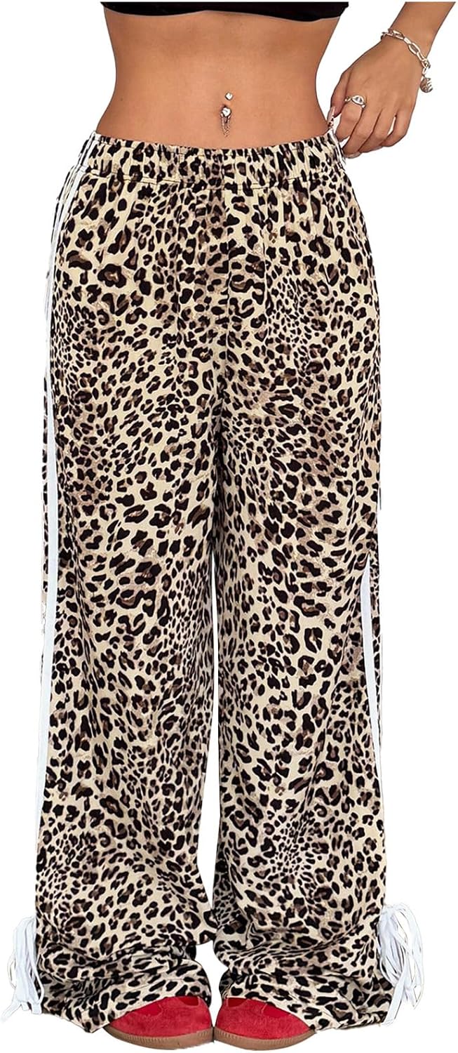 OYOANGLE Women's Leopard Print Striped Knot Side Trousers High Waist Straight Leg Baggy Pants