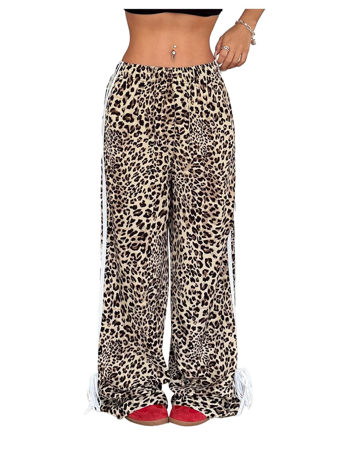 OYOANGLE Womens Leopard Print Striped Knot Side Trousers High Waist Straight Leg Baggy Pants