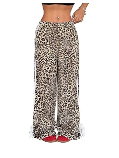 OYOANGLE Womens Leopard Print Striped Knot Side Trousers High Waist Straight Leg Baggy Pants