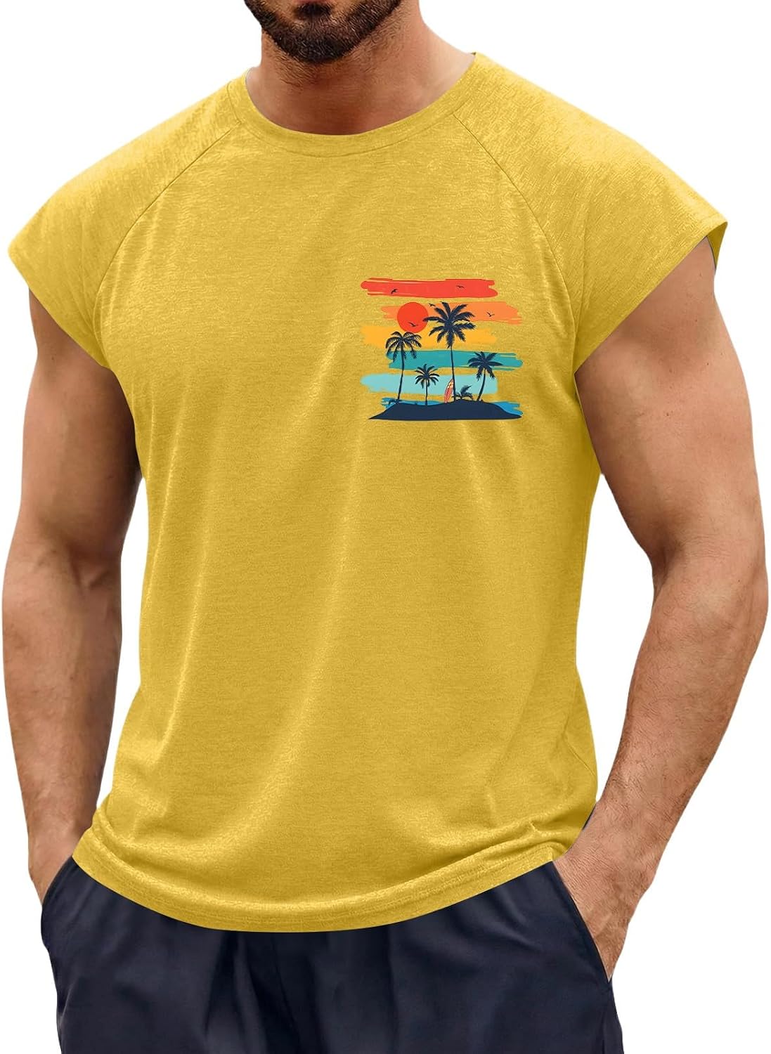 Graphic Tank Top for Men Hawaiian Palm Tree Print Sleeveless Tee Fashion Summer Casual Vest Mens Beach Vacation Shirt