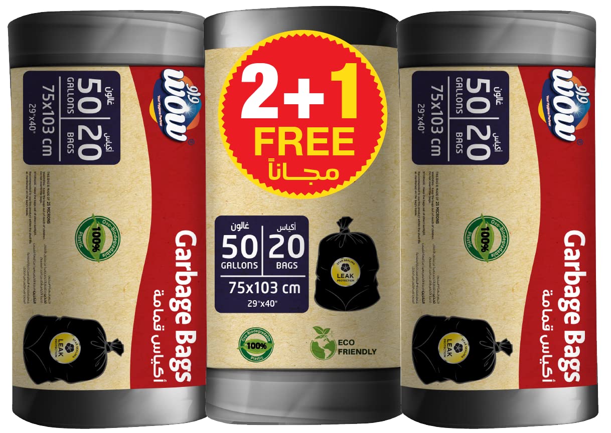 Wow Oxo-Biodegradable Garbage Bags 3 Rolls, 50 Gallon Capacity, Black
