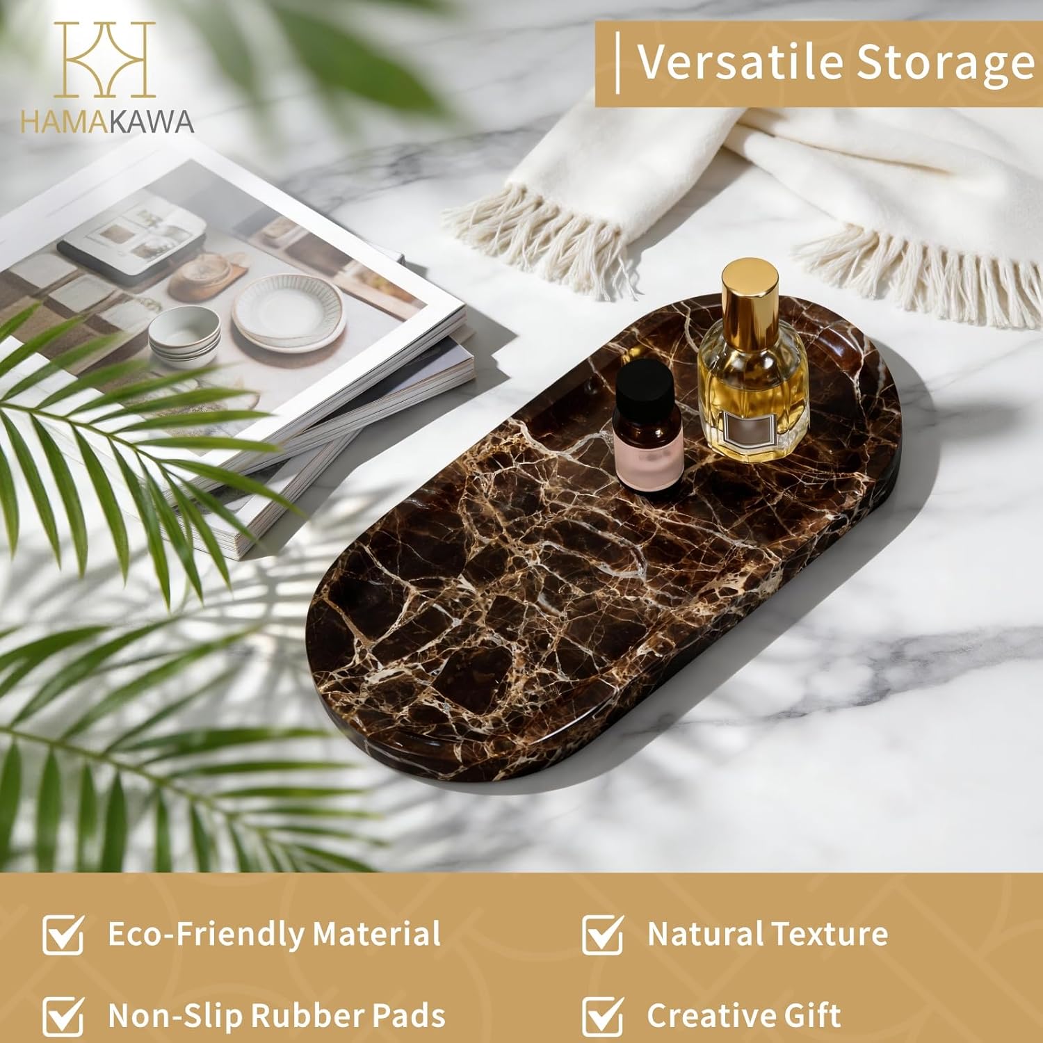 Bathroom Vanity Tray, Natural Marble Oval Tray 10 inch, Emperador Dark Marble Vanity Tray for Soap Dispenser Modern Countertop Organizer for Kitchen Countertops, Home Decor