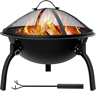 AMAGABELI GARDEN & HOME Fire Pit Outdoor Wood Burning Portable Folding 22in Firepit Firebowl Fireplace Poker Spark Screen ...