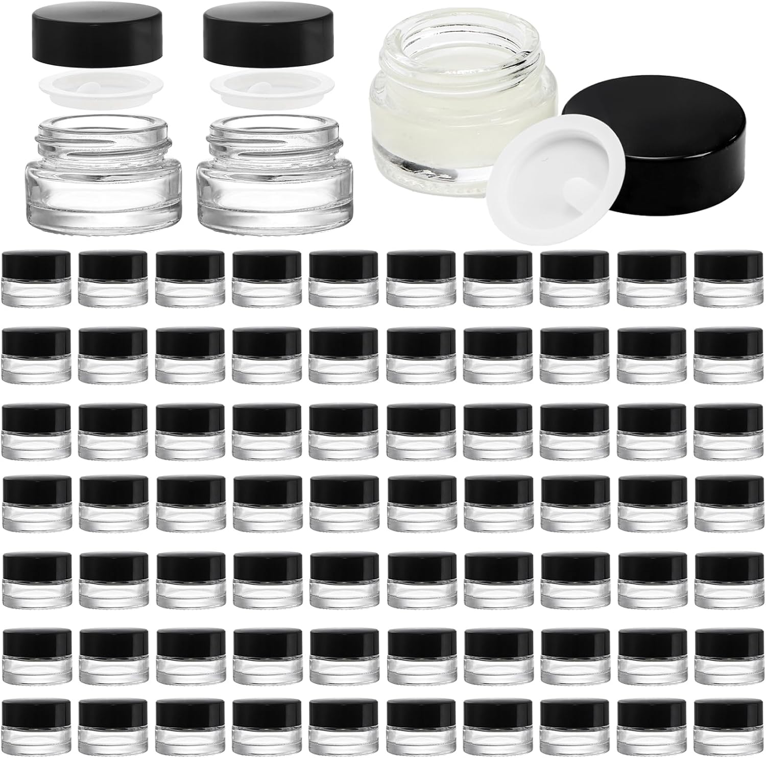 Coloch 90 Pack 5ml Glass Sample Containers with Black Lid, Mini Glass Cosmetics Jars with Inner Liner Bulk Refillable Tiny Glass Jars for Cosmetics, Lotion, Cream, Samples, Wax, Skincare, Travelling
