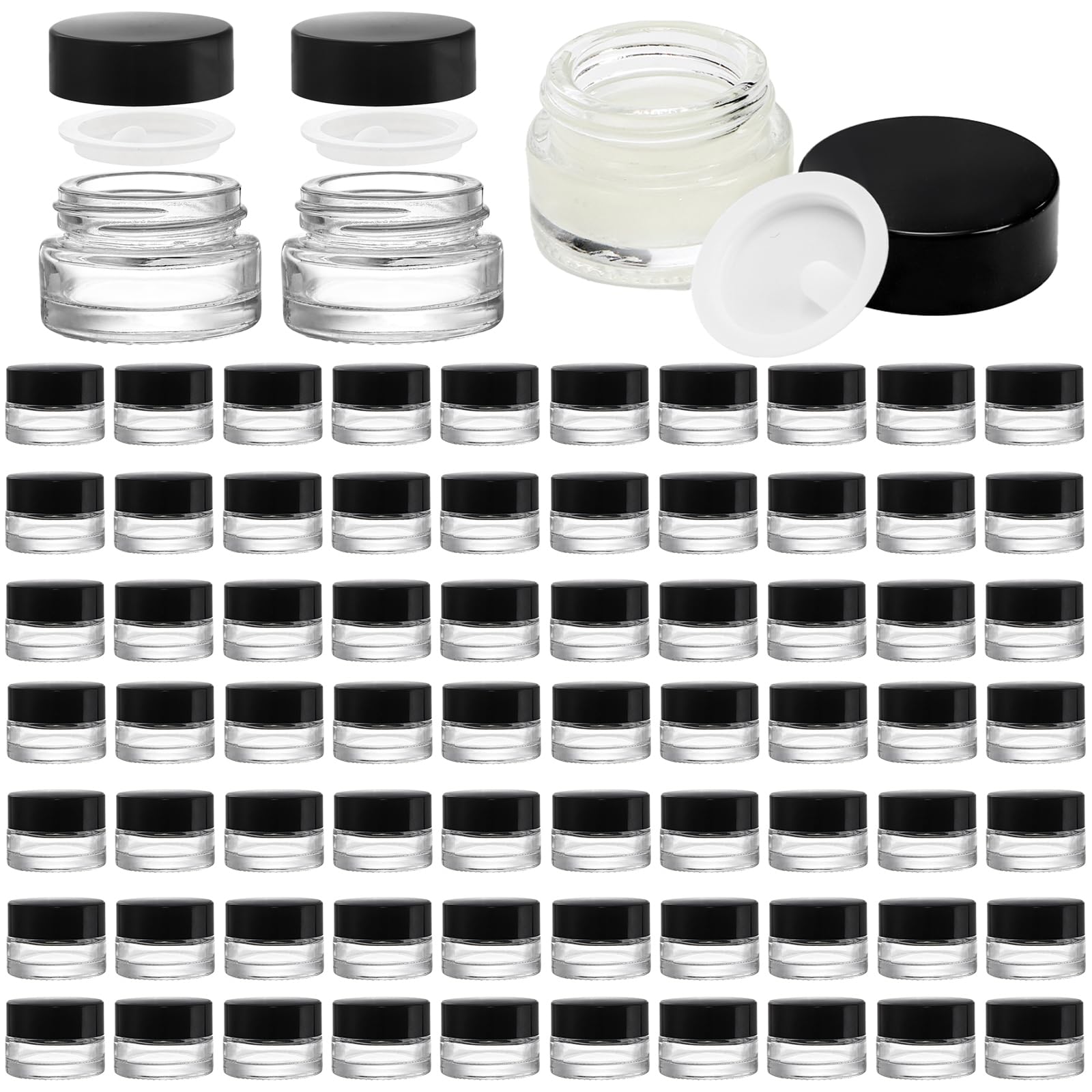 Coloch 90 Pack 5ml Empty Glass Jars with Black Lid, Clear Airtight Cosmetics Container Bulk Refillable Tiny Sample Jar for Cosmetics, Lotion, Cream, Samples, Wax, Skincare, Travelling, Retail Store