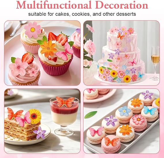 Flower Butterfly Cupcake Toppers, 65 Pcs Edible Flower Cake Topper