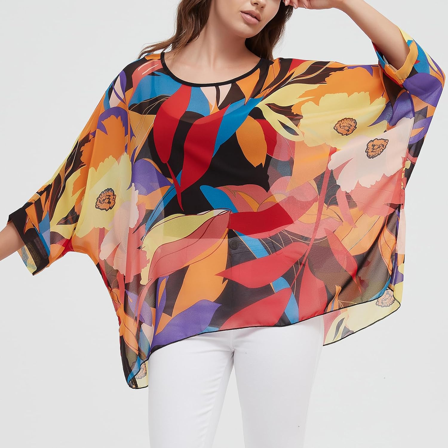 Women's Loose Batwing Blouse Chiffon Top Camouflage Printed Kimono Poncho Tunic Kaftan Cover up