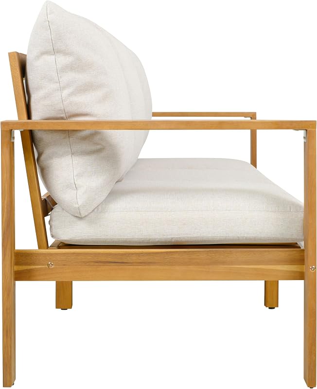 Christopher Knight Home Kayahs 3 Pieces Acacia Wood Furniture Set, Patio Conversation Sofa with Coffee Table and Ottoman, Outdoor 3-Seater Sofa Set for Backyard Balcony Gardern, Teak Finish+Beige image 7