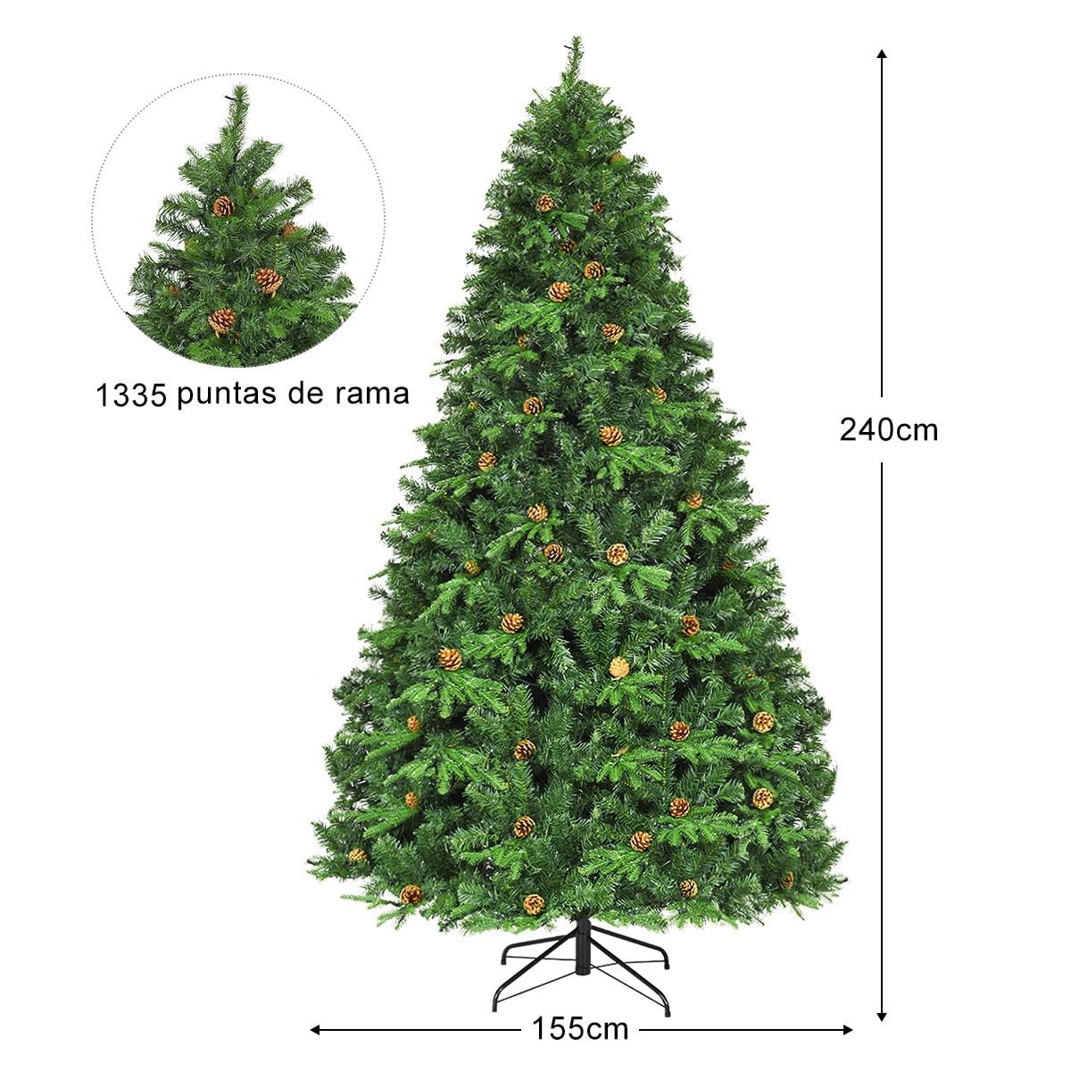 COSTWAY Árbol de Navidad Artificial Verde 240cm, Arbol de Navidad con 600 Luces Incorporadas Soporte de Metal, 81 Conos de Pino, PVC y PE, Arvore de Natal Hogar Fiesta Interior (240CM)