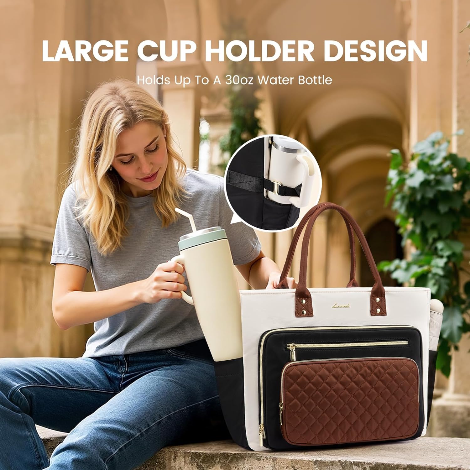 LOVEVOOK Tote Bag for Women, Teacher Tote Bag for Work with Large Cup Holder