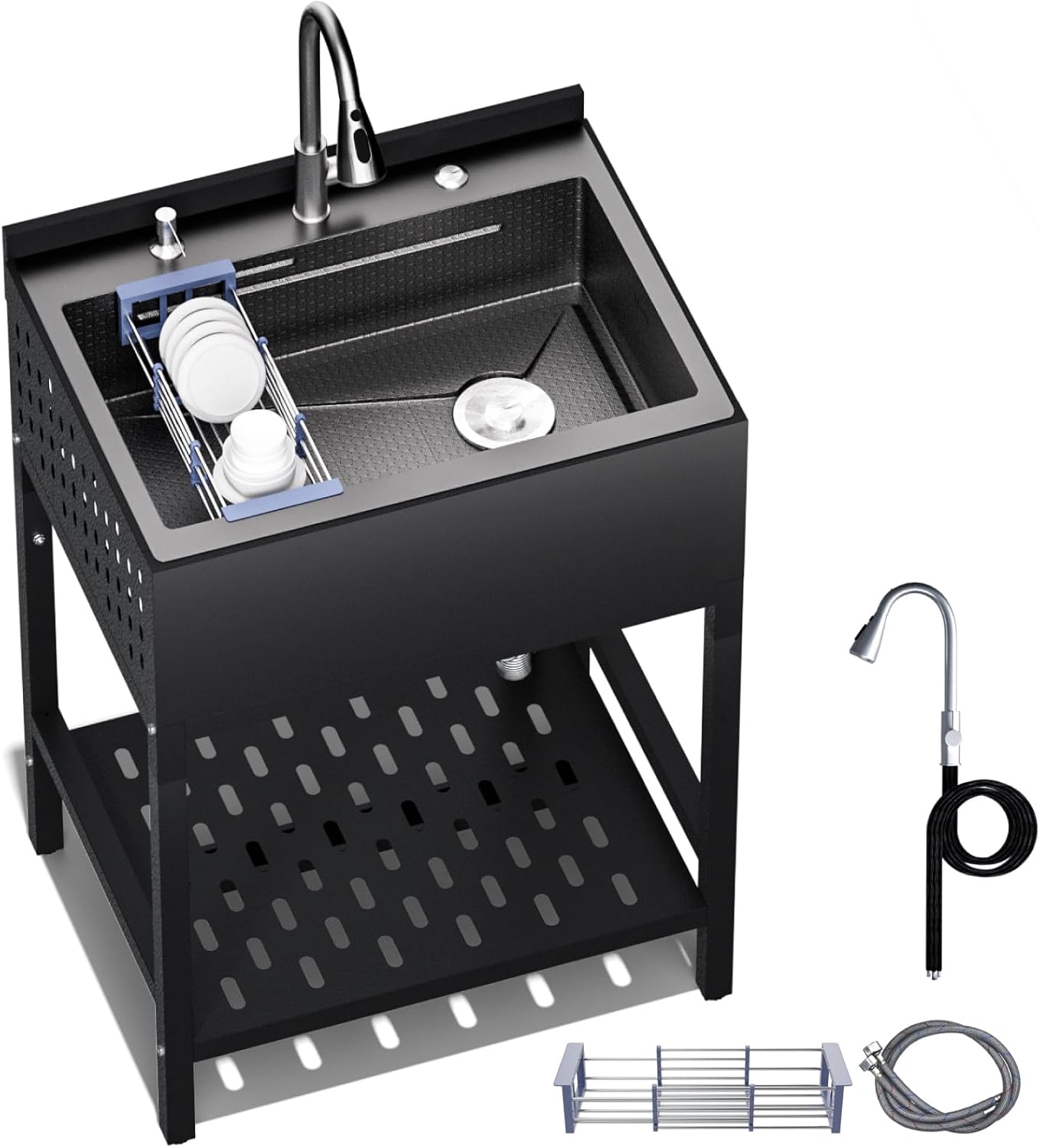 24 Inch Stainless Steel Utility Sink, Freestanding Single-bowl Commercial Sink with Pull-out Faucet, Heavy Duty Garage Sinks for Laundry Room, Kitchen,Bathroom, 23.6"L x 18.2"W x 36.1"H,Black