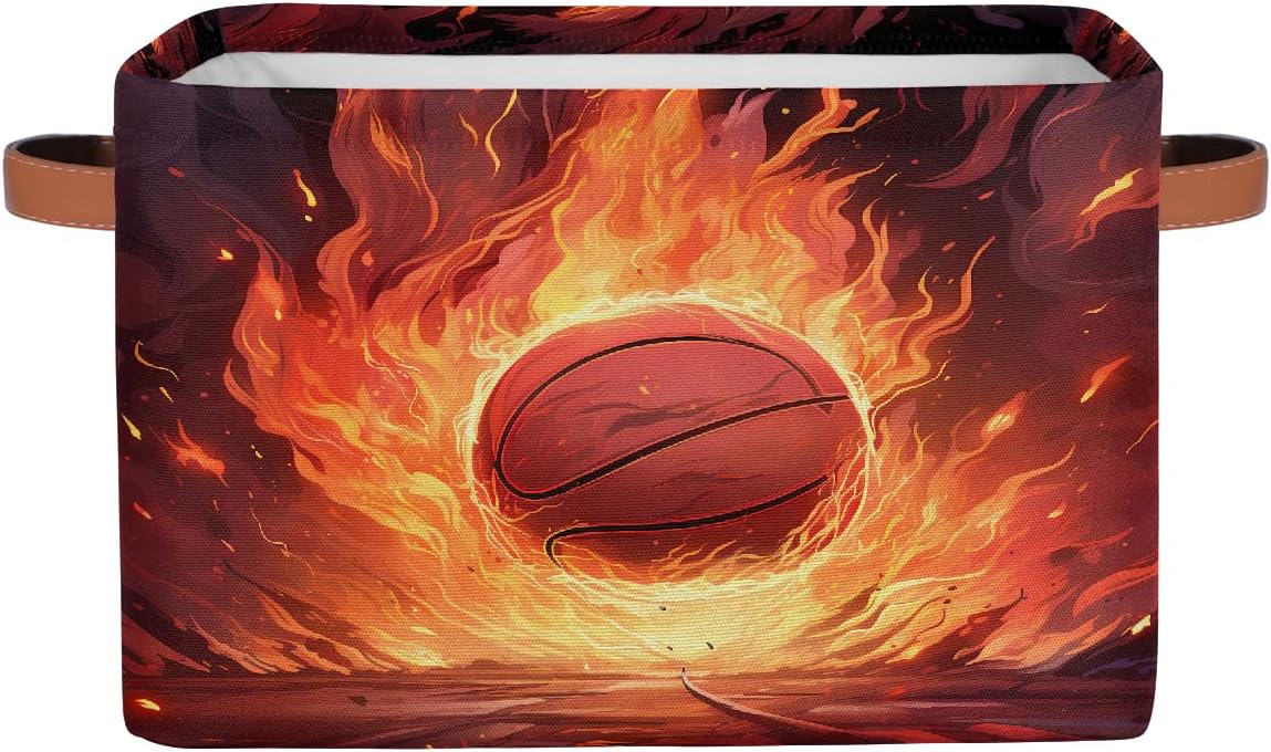 Small Storage Basket With Handles Kids Toy Fire Basketball Sports Storage Bins Collapsible Fabric Cube Storage Organizer Hamper for Nursery Living Room Bedroom Shelves Clothes Toy Box Gifts