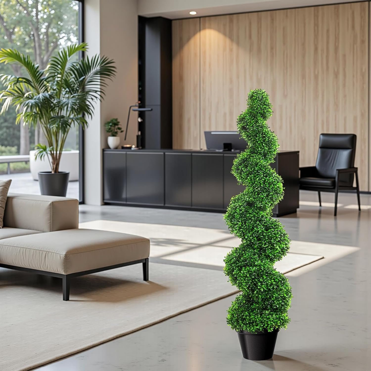 4ft Artificial Boxwood Spiral Tree Set (2 Pieces), Faux Plants Outdoor with Weighted Pot, Artificial Outdoor Plants for Outdoor Walkway & Indoor Decor, Boxwood Topiary, Artificial Trees for Outdoors