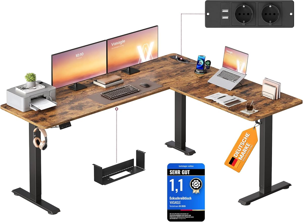 VASAGLE Höhenverstellbarer Schreibtisch, 190 x 155 cm, L-förmiger Eckschreibtisch, Stehtisch, 2 AC-Steckdosen, 2 USB-A-Anschlüsse, Ablage für Steckdosenleiste, für Büro, vintagebraun LSD295KD01