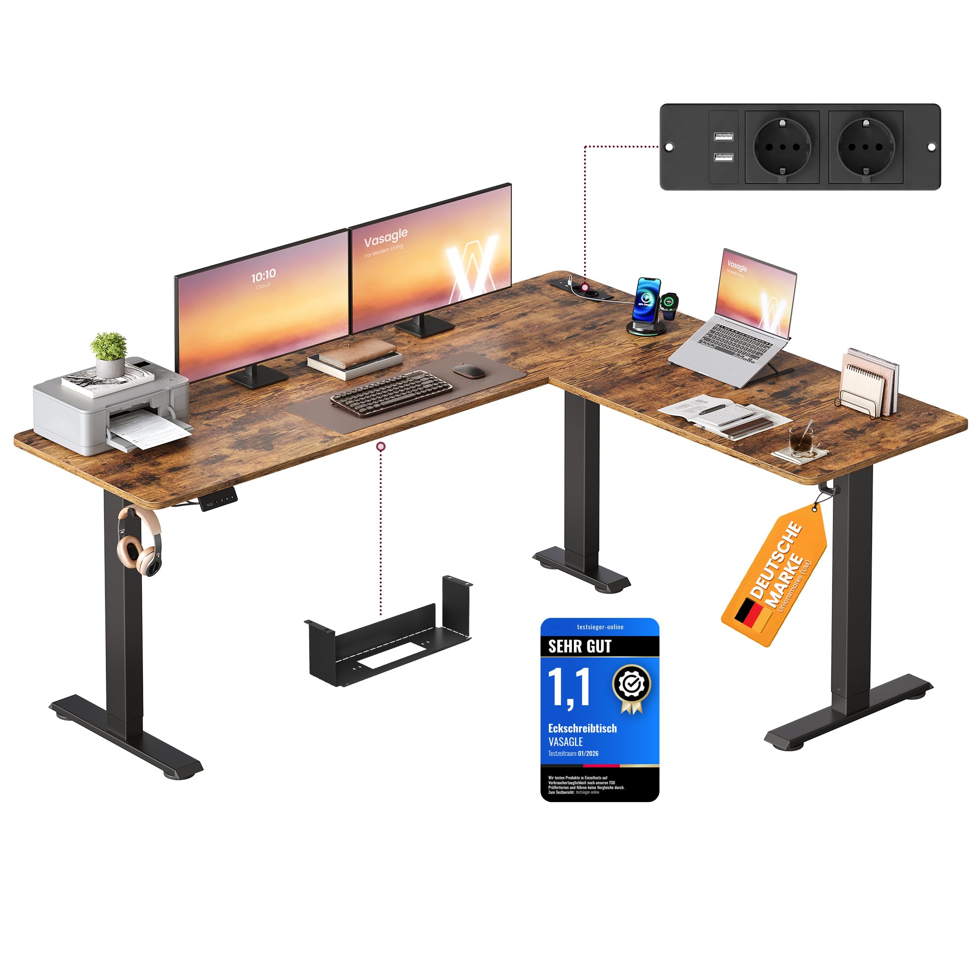 VASAGLE Höhenverstellbarer Schreibtisch elektrisch, L-förmiger Eckschreibtisch, 140 x 160 cm, mit Ladestation, Memory-Funktion mit 2 Höhen, für Homeoffice, wolkenweiß-mattweiß LSD264W01
