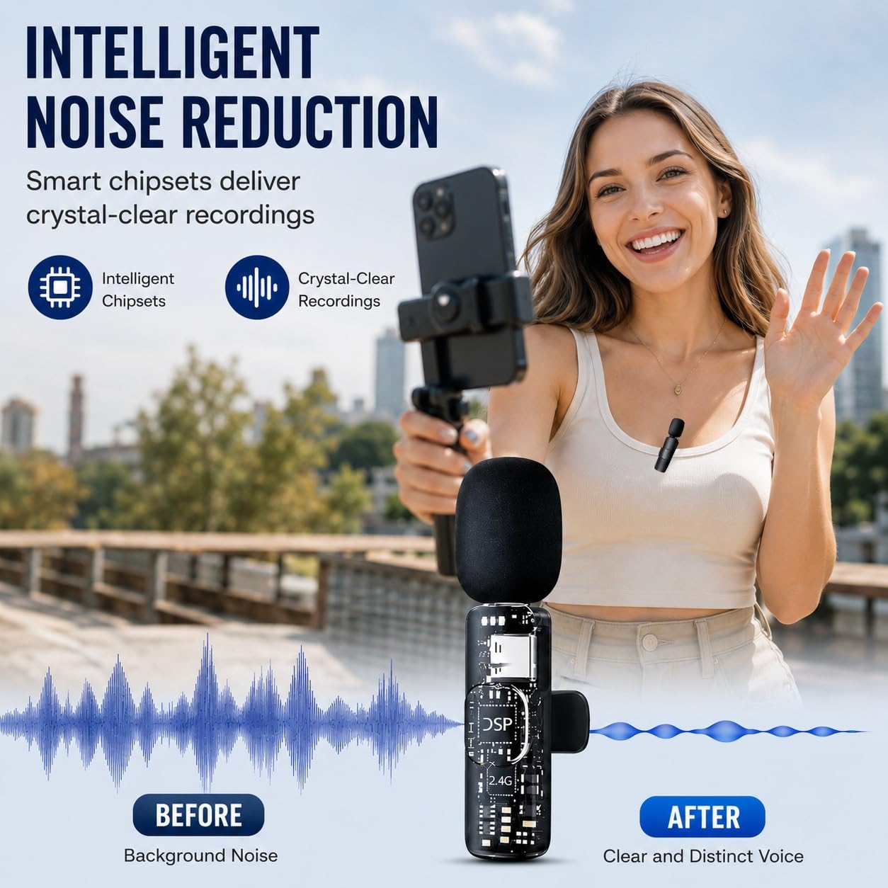 GLOBAL TECH Microfoni Lavalier wireless per iPhone/Android/iPad/tablet – Confezione da 2 mini microfoni wireless a clip per registrazione video, podcast, vlogging, Youtube, live streaming