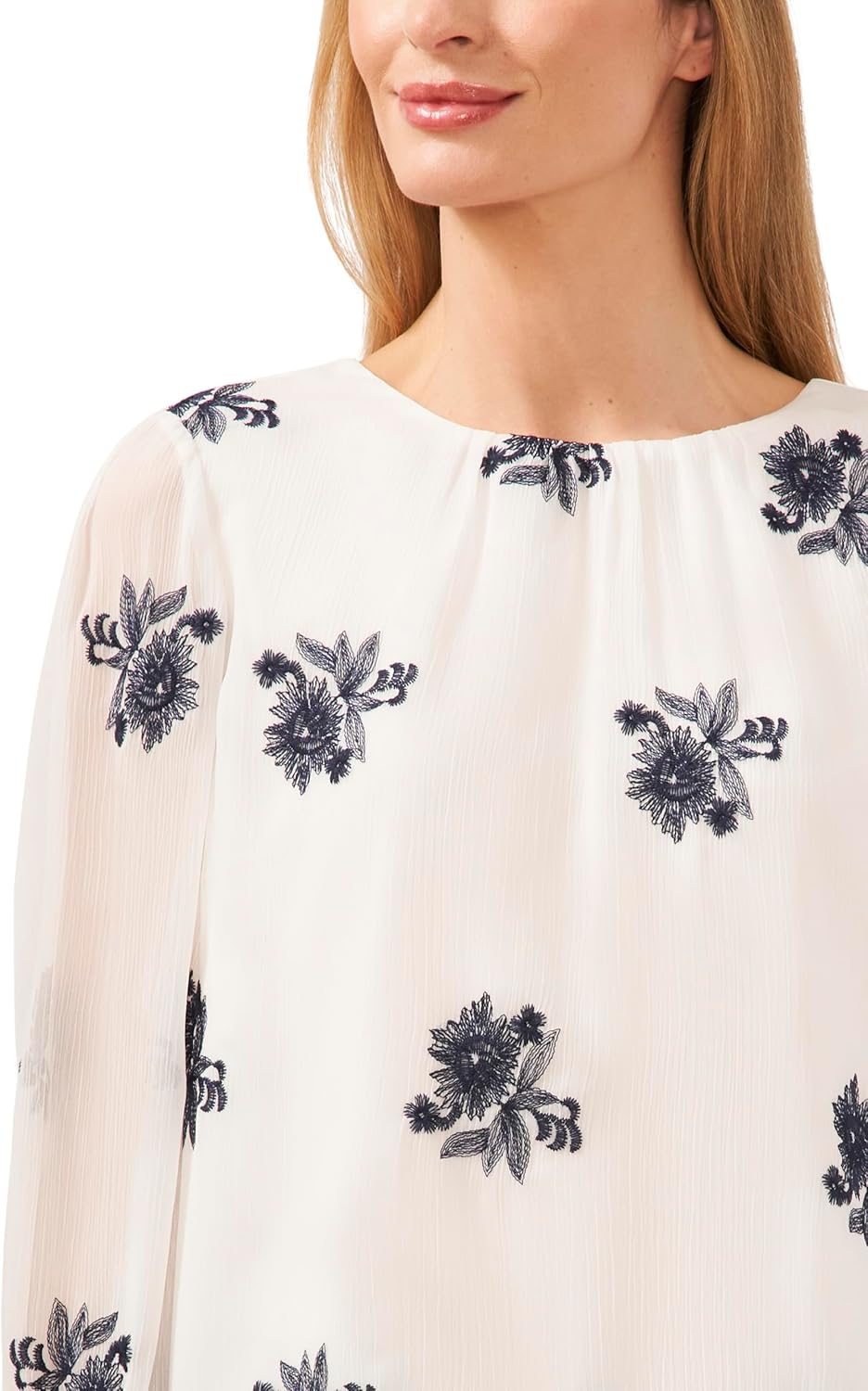 CeCe Long Sleeve Smocked Cuff Crew NK Blouse