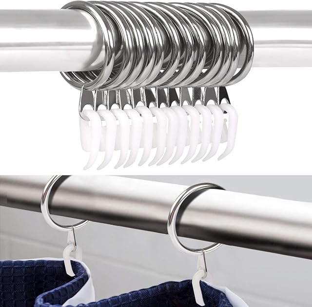 Curtain Rings, 24 Set Silver Metal Curtain Rings with Plastic Curtain Hooks, Drape Sliding Curtain Hanging Rings for Pole Rod, 30 mm Internal Diameter