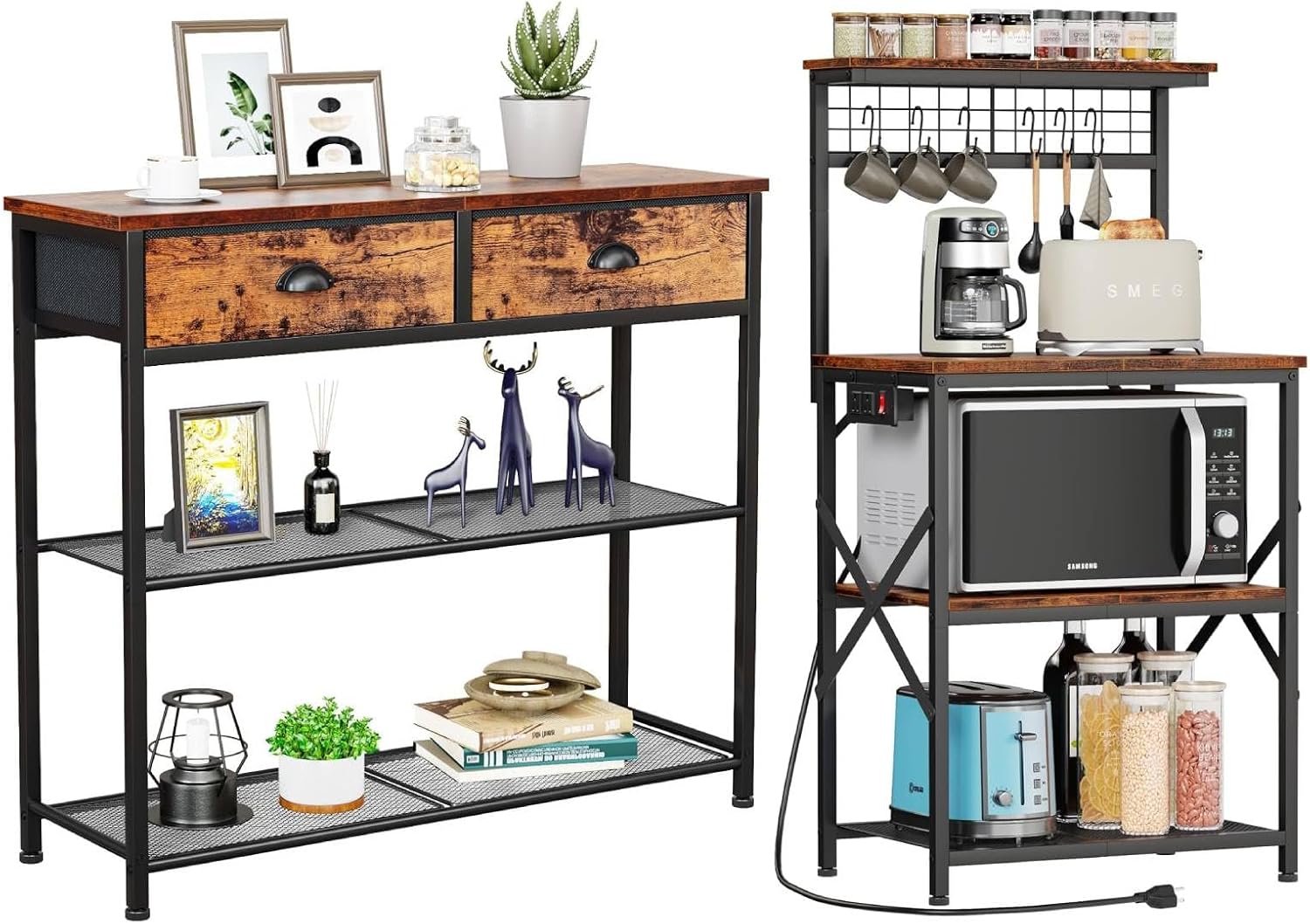 Furologee Kitchen Bakers Rack with Power Outlet, Console Table with Charging Station & 3 Fabric Drawers